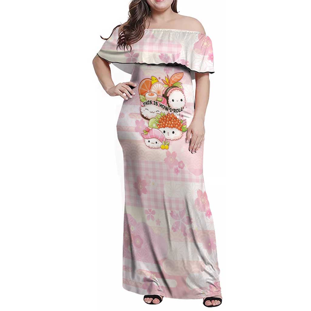 Personalized Japanese Kawaii Sushi Family Matching Off Shoulder Maxi Dress and Hawaiian Shirt Pink Wagara Palaka This Is How I Roll LT9 Mom's Dress Pink - Polynesian Pride