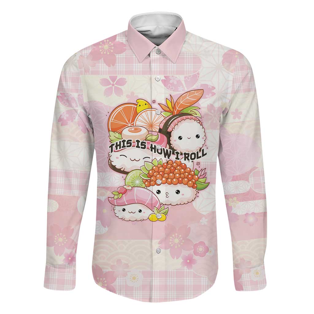 Personalized Japanese Kawaii Sushi Family Matching Off Shoulder Short Dress and Hawaiian Shirt Pink Wagara Palaka This Is How I Roll LT9 Dad's Shirt - Long Sleeve Pink - Polynesian Pride