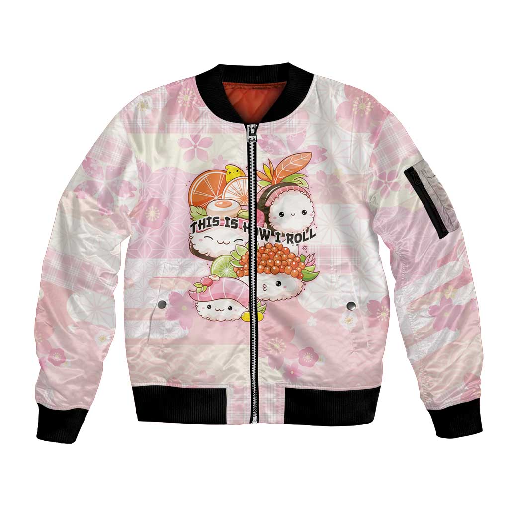 Personalized Japanese Kawaii Sushi Sleeve Zip Bomber Jacket Pink Wagara Palaka This Is How I Roll