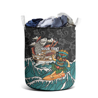 Personalized Japanese Koi Fish Ramen Laundry Basket Tiki Surfing Wagara Hibiscus Pattern