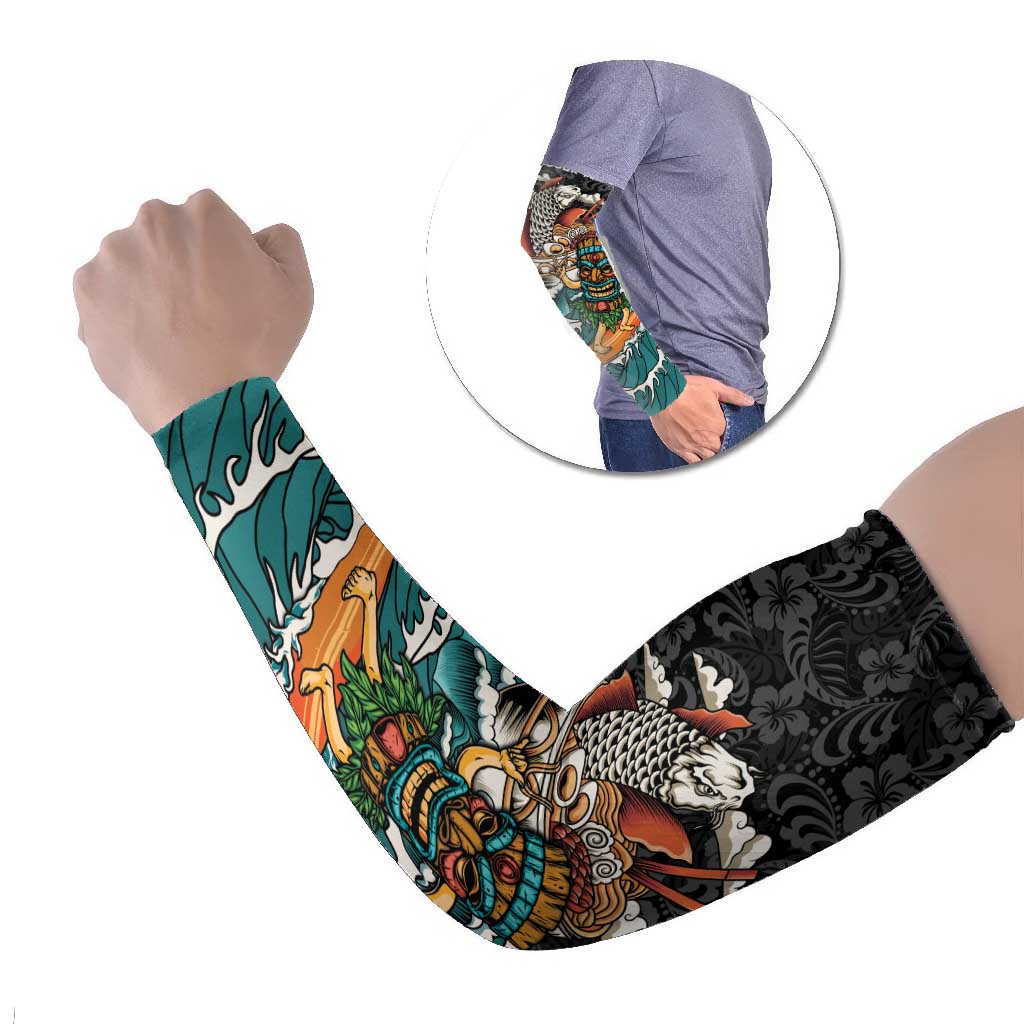 Personalized Japanese Koi Fish Ramen Arm Sleeves Tiki Surfing Wagara Hibiscus Pattern