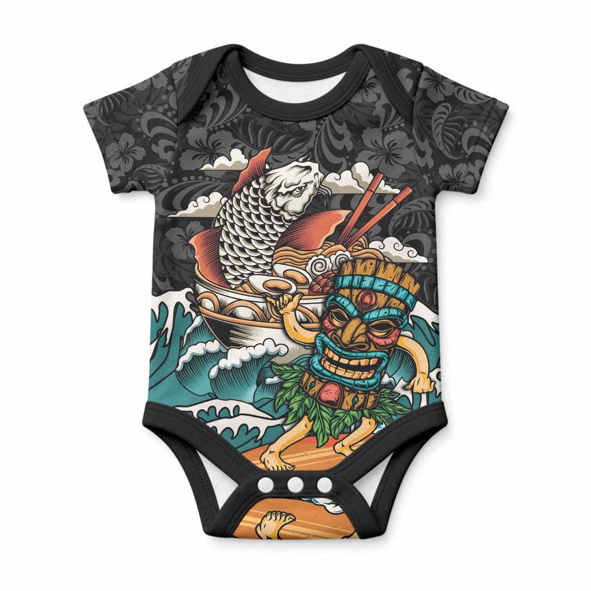 Personalized Japanese Koi Fish Ramen Baby Onesie Tiki Surfing Wagara Hibiscus Pattern LT9 Black - Polynesian Pride