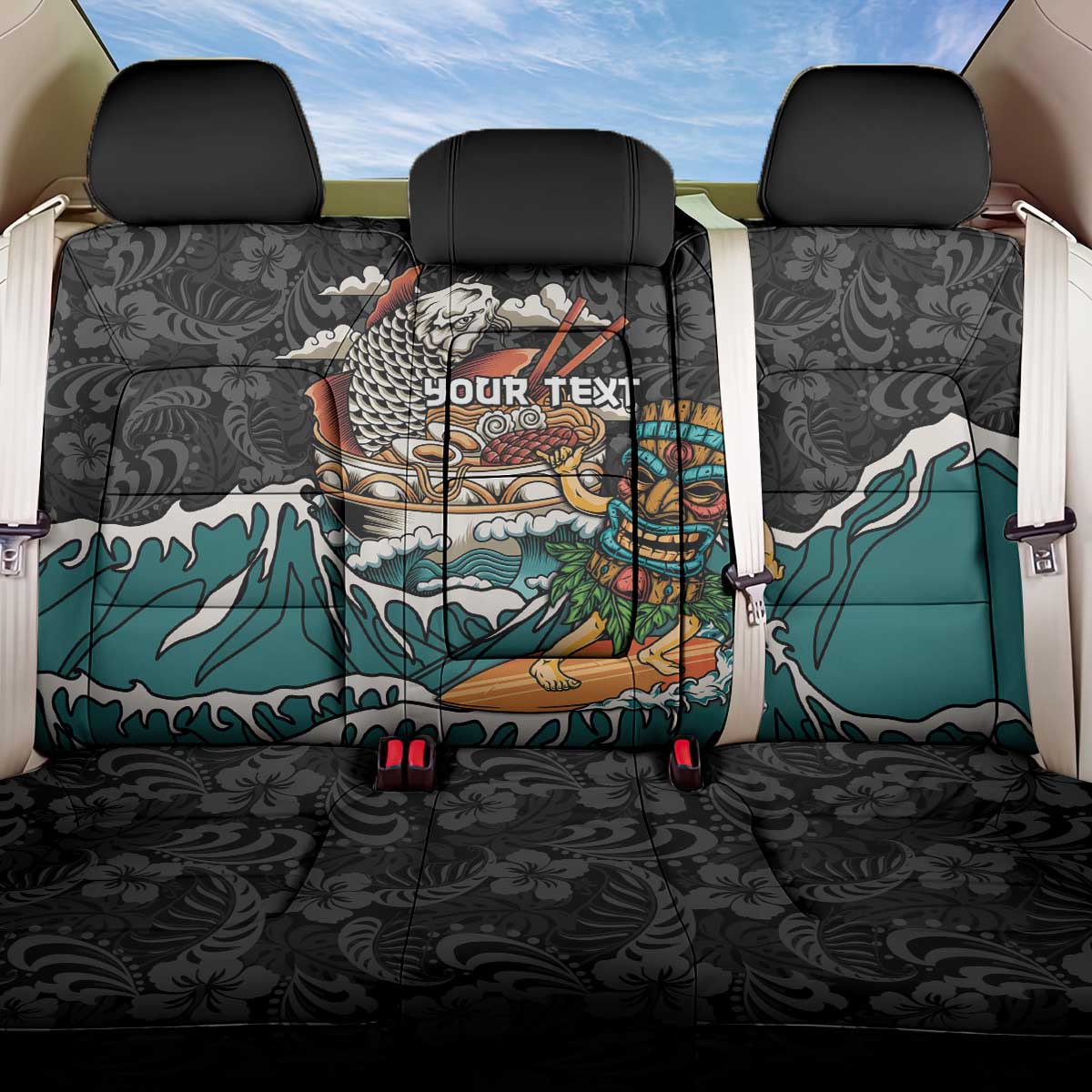 Personalized Japanese Koi Fish Ramen Back Car Seat Cover Tiki Surfing Wagara Hibiscus Pattern