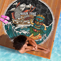 Personalized Japanese Koi Fish Ramen Beach Blanket Tiki Surfing Wagara Hibiscus Pattern
