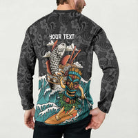 Personalized Japanese Koi Fish Ramen Button Sweatshirt Tiki Surfing Wagara Hibiscus Pattern