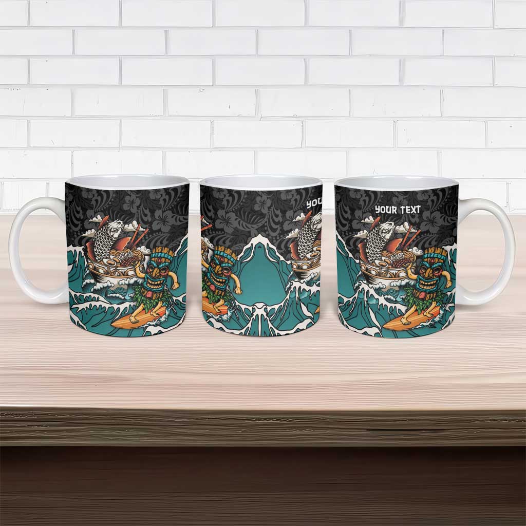 Personalized Japanese Koi Fish Ramen Ceramic Mug Tiki Surfing Wagara Hibiscus Pattern
