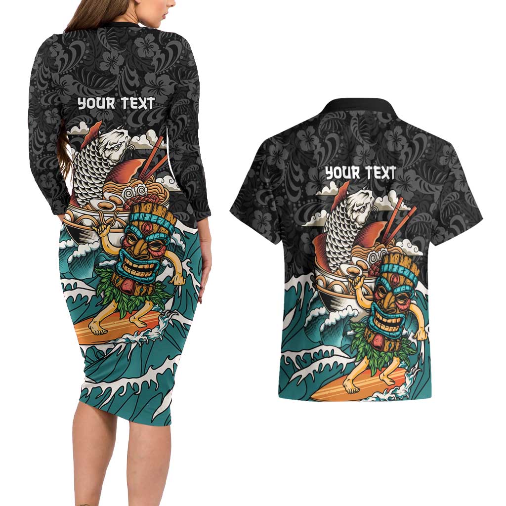 Personalized Japanese Koi Fish Ramen Couples Matching Long Sleeve Bodycon Dress and Hawaiian Shirt Tiki Surfing Wagara Hibiscus Pattern