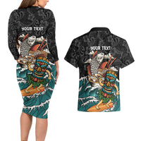 Personalized Japanese Koi Fish Ramen Couples Matching Long Sleeve Bodycon Dress and Hawaiian Shirt Tiki Surfing Wagara Hibiscus Pattern