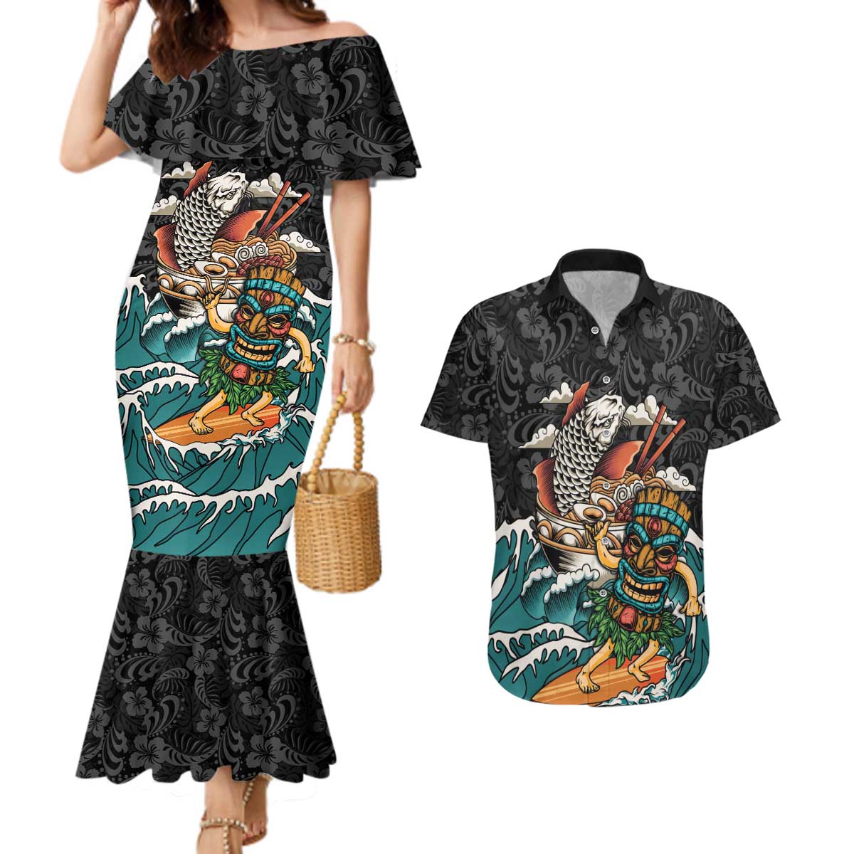 Personalized Japanese Koi Fish Ramen Couples Matching Mermaid Dress and Hawaiian Shirt Tiki Surfing Wagara Hibiscus Pattern