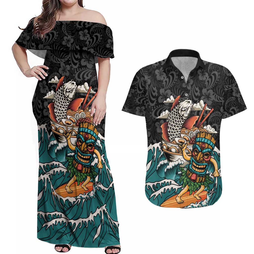 Personalized Japanese Koi Fish Ramen Couples Matching Off Shoulder Maxi Dress and Hawaiian Shirt Tiki Surfing Wagara Hibiscus Pattern