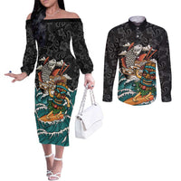 Personalized Japanese Koi Fish Ramen Couples Matching Off The Shoulder Long Sleeve Dress and Long Sleeve Button Shirt Tiki Surfing Wagara Hibiscus Pattern