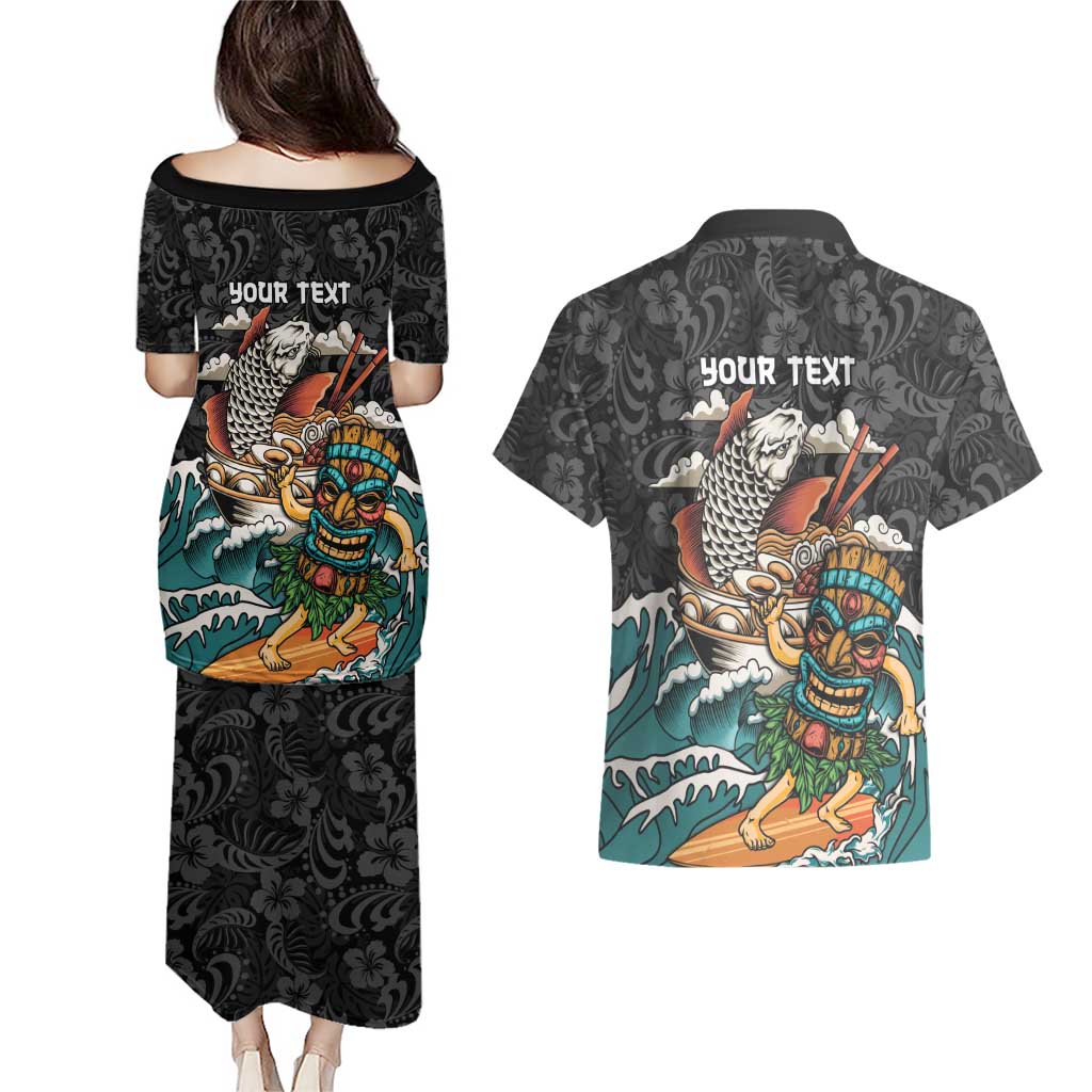 Personalized Japanese Koi Fish Ramen Couples Matching Puletasi and Hawaiian Shirt Tiki Surfing Wagara Hibiscus Pattern