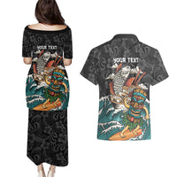 Personalized Japanese Koi Fish Ramen Couples Matching Puletasi and Hawaiian Shirt Tiki Surfing Wagara Hibiscus Pattern