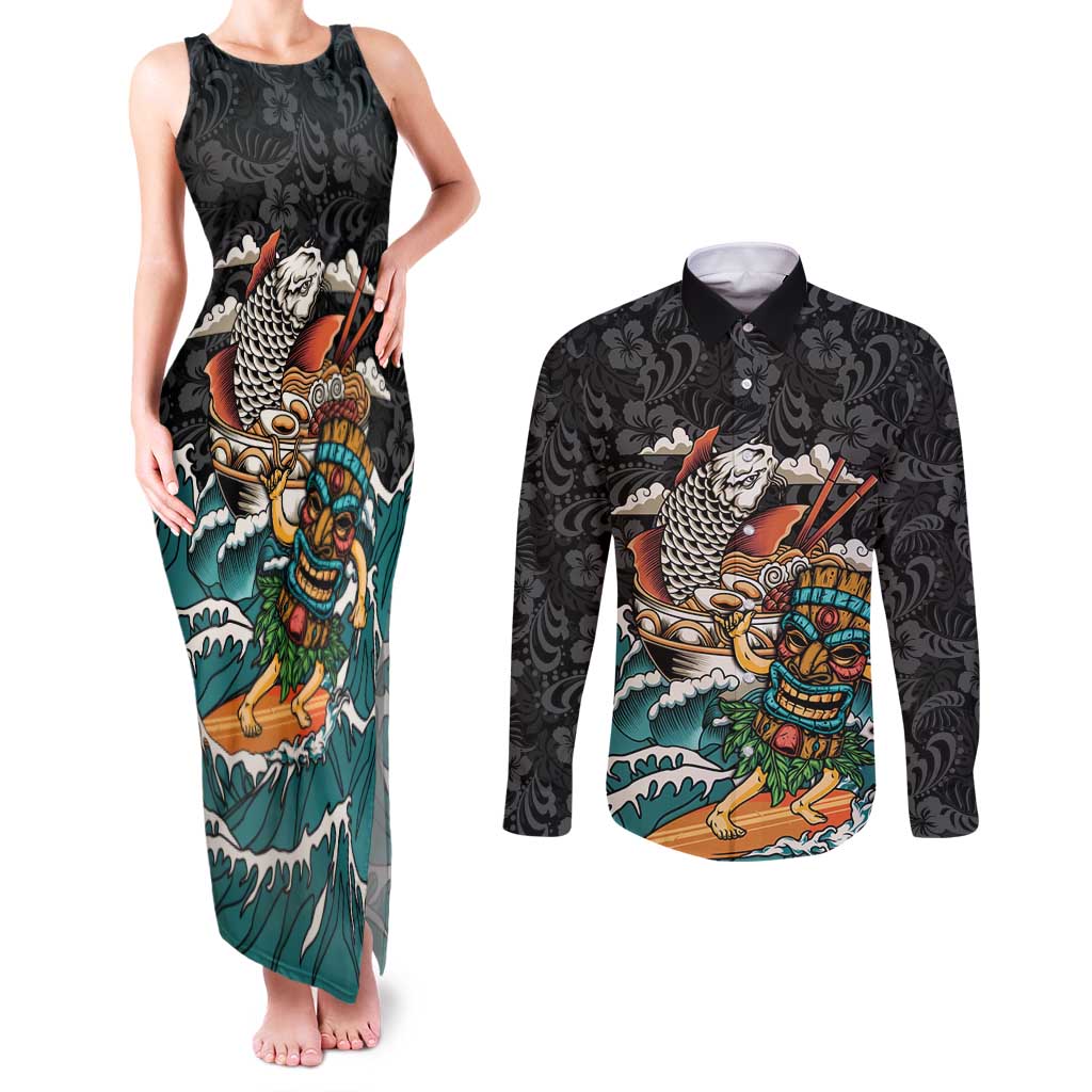Personalized Japanese Koi Fish Ramen Couples Matching Tank Maxi Dress and Long Sleeve Button Shirt Tiki Surfing Wagara Hibiscus Pattern