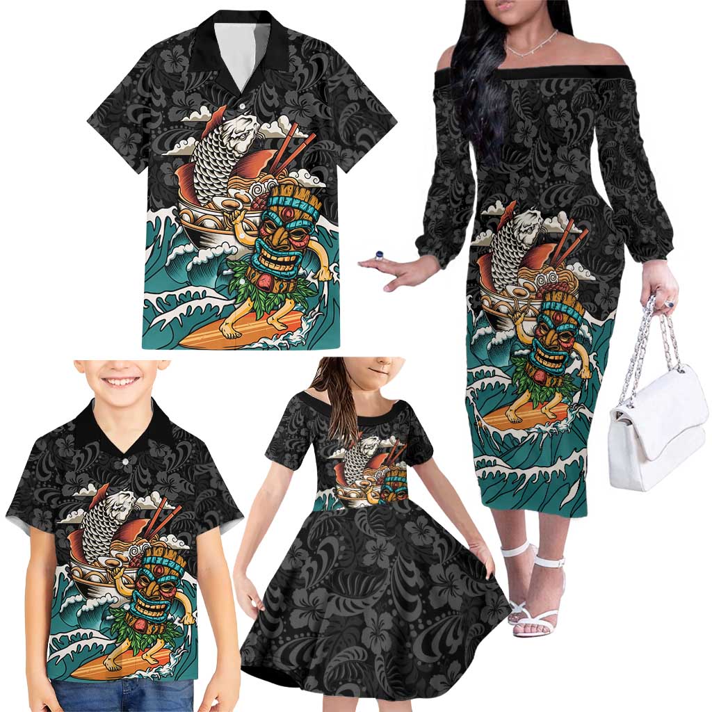 Personalized Japanese Koi Fish Ramen Family Matching Off The Shoulder Long Sleeve Dress and Hawaiian Shirt Tiki Surfing Wagara Hibiscus Pattern LT9 - Polynesian Pride