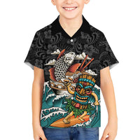 Personalized Japanese Koi Fish Ramen Family Matching Off The Shoulder Long Sleeve Dress and Hawaiian Shirt Tiki Surfing Wagara Hibiscus Pattern LT9 Son's Shirt Black - Polynesian Pride