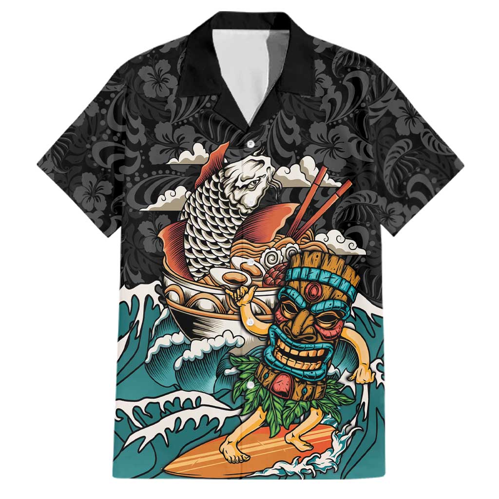 Personalized Japanese Koi Fish Ramen Family Matching Off Shoulder Short Dress and Hawaiian Shirt Tiki Surfing Wagara Hibiscus Pattern