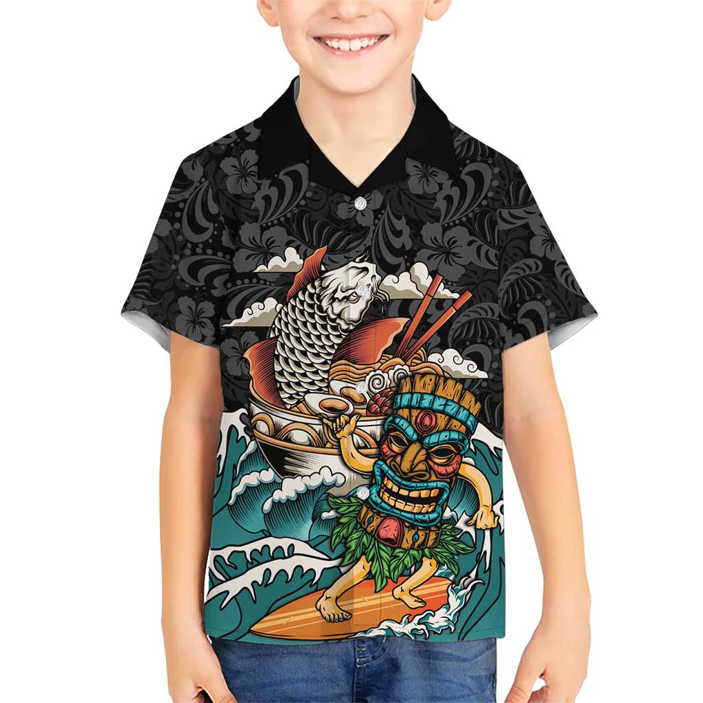 Personalized Japanese Koi Fish Ramen Family Matching Off Shoulder Short Dress and Hawaiian Shirt Tiki Surfing Wagara Hibiscus Pattern