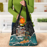 Personalized Japanese Koi Fish Ramen Grocery Bag Tiki Surfing Wagara Hibiscus Pattern