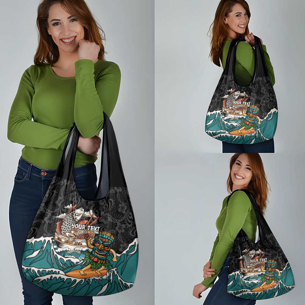 Personalized Japanese Koi Fish Ramen Grocery Bag Tiki Surfing Wagara Hibiscus Pattern