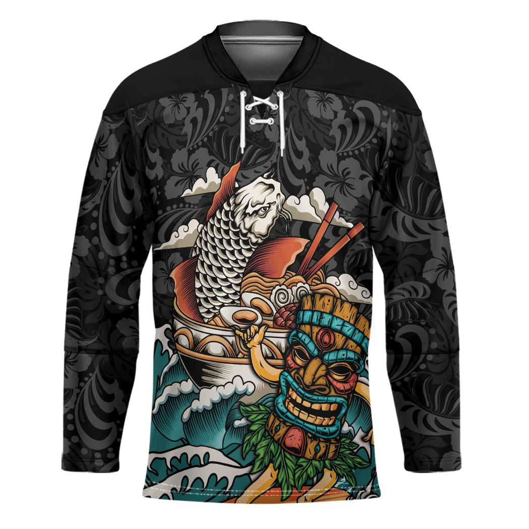 Personalized Japanese Koi Fish Ramen Hockey Jersey Tiki Surfing Wagara Hibiscus Pattern