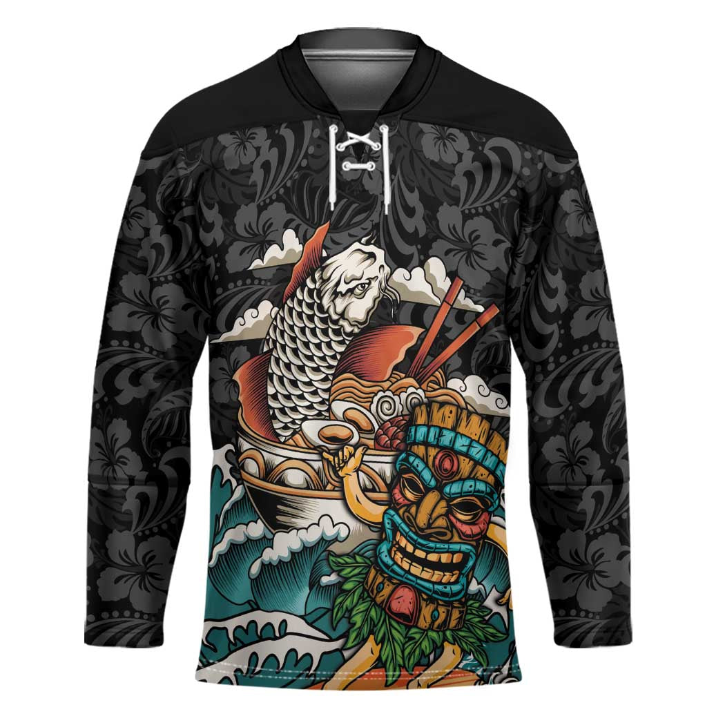 Personalized Japanese Koi Fish Ramen Hockey Jersey Tiki Surfing Wagara Hibiscus Pattern