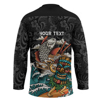 Personalized Japanese Koi Fish Ramen Hockey Jersey Tiki Surfing Wagara Hibiscus Pattern