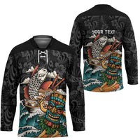 Personalized Japanese Koi Fish Ramen Hockey Jersey Tiki Surfing Wagara Hibiscus Pattern
