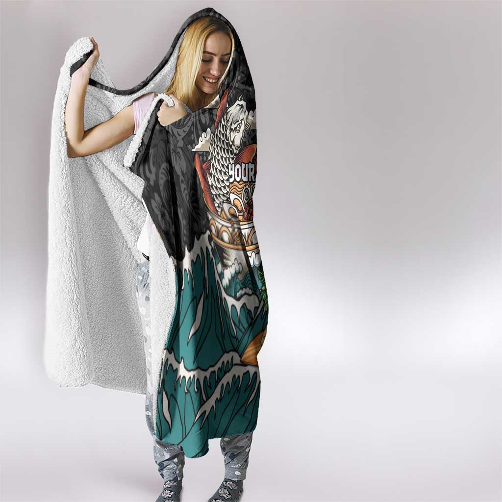 Personalized Japanese Koi Fish Ramen Hooded Blanket Tiki Surfing Wagara Hibiscus Pattern