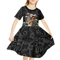 Personalized Japanese Koi Fish Ramen Kid Short Sleeve Dress Tiki Surfing Wagara Hibiscus Pattern