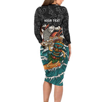 Personalized Japanese Koi Fish Ramen Long Sleeve Bodycon Dress Tiki Surfing Wagara Hibiscus Pattern