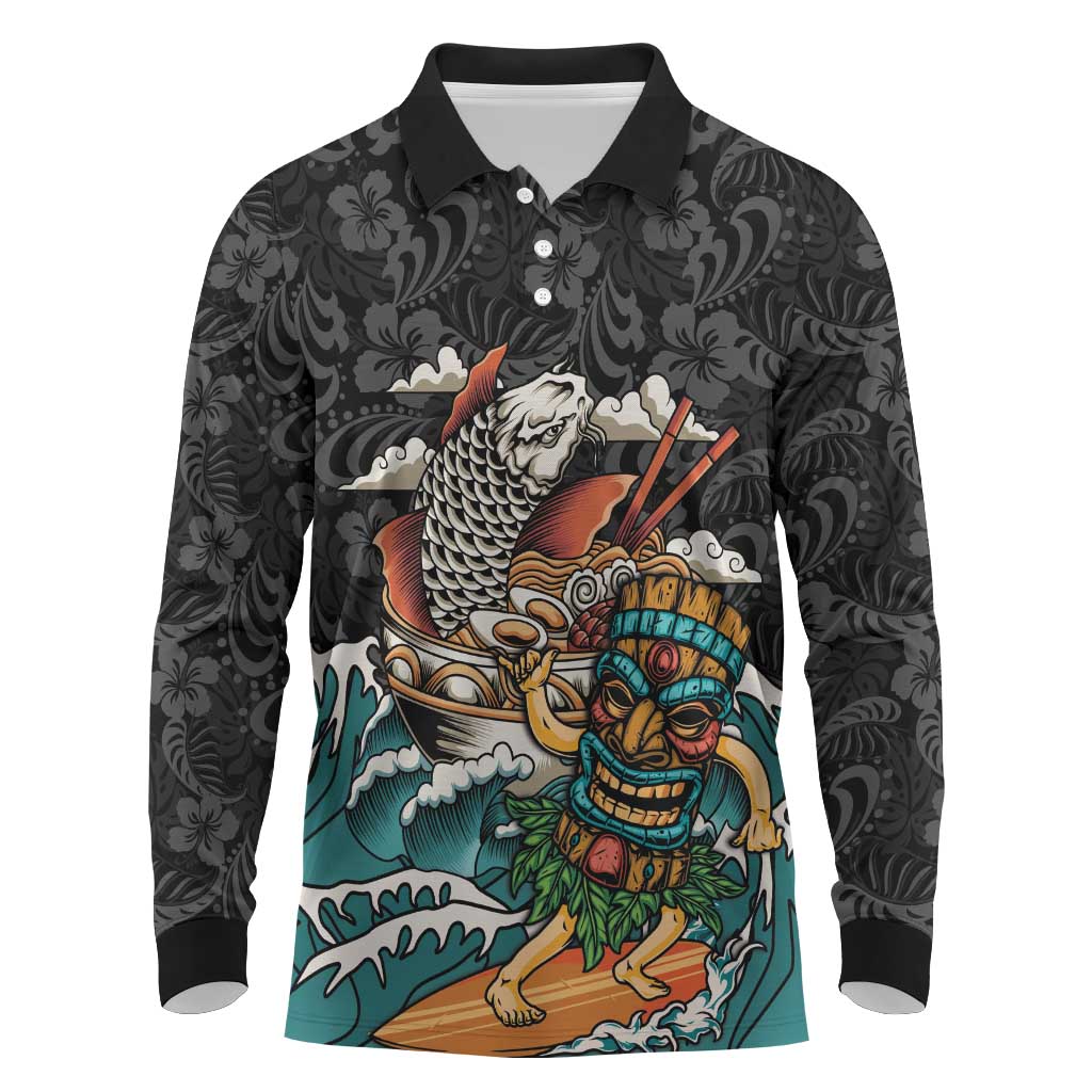 Personalized Japanese Koi Fish Ramen Long Sleeve Polo Shirt Tiki Surfing Wagara Hibiscus Pattern