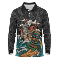 Personalized Japanese Koi Fish Ramen Long Sleeve Polo Shirt Tiki Surfing Wagara Hibiscus Pattern