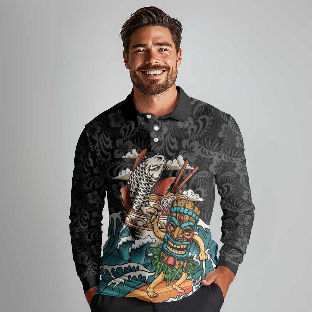 Personalized Japanese Koi Fish Ramen Long Sleeve Polo Shirt Tiki Surfing Wagara Hibiscus Pattern