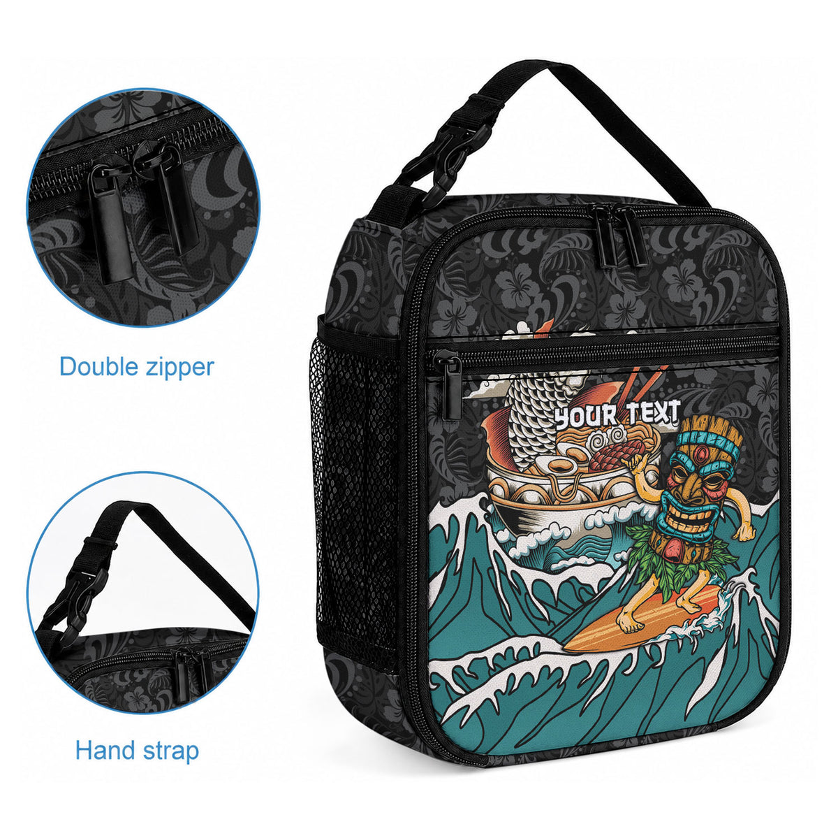 Personalized Japanese Koi Fish Ramen Lunch Bag Tiki Surfing Wagara Hibiscus Pattern LT9 - Polynesian Pride
