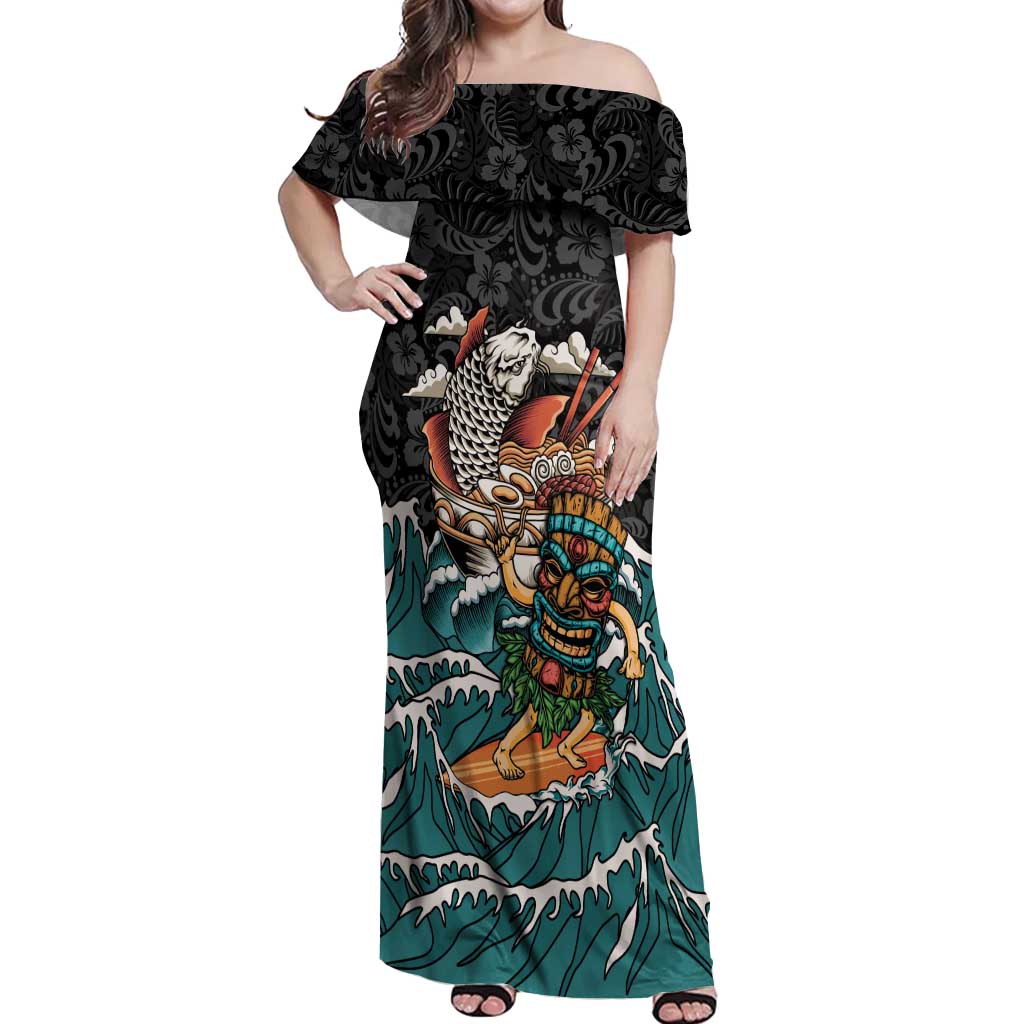 Personalized Japanese Koi Fish Ramen Off Shoulder Maxi Dress Tiki Surfing Wagara Hibiscus Pattern
