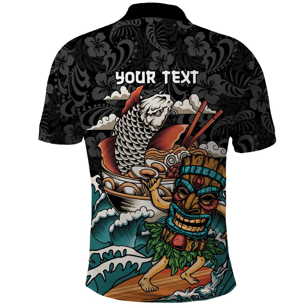 Personalized Japanese Koi Fish Ramen Polo Shirt Tiki Surfing Wagara Hibiscus Pattern