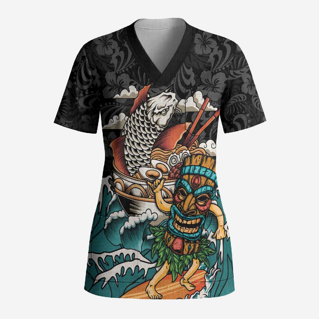 Personalized Japanese Koi Fish Ramen Scrub Top Tiki Surfing Wagara Hibiscus Pattern