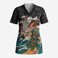 Personalized Japanese Koi Fish Ramen Scrub Top Tiki Surfing Wagara Hibiscus Pattern