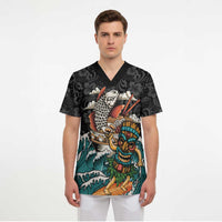 Personalized Japanese Koi Fish Ramen Scrub Top Tiki Surfing Wagara Hibiscus Pattern