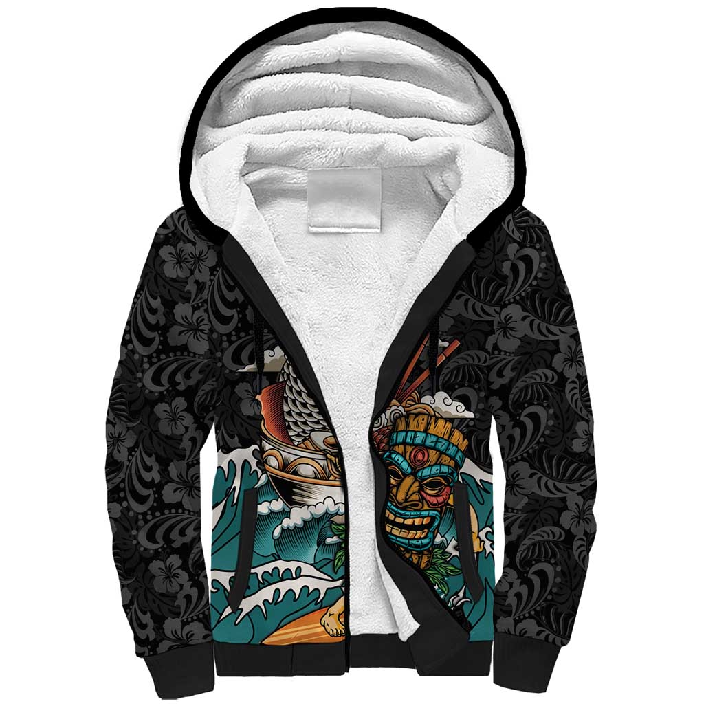 Personalized Japanese Koi Fish Ramen Sherpa Hoodie Tiki Surfing Wagara Hibiscus Pattern