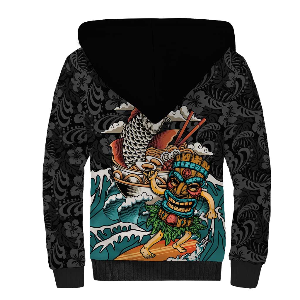 Personalized Japanese Koi Fish Ramen Sherpa Hoodie Tiki Surfing Wagara Hibiscus Pattern