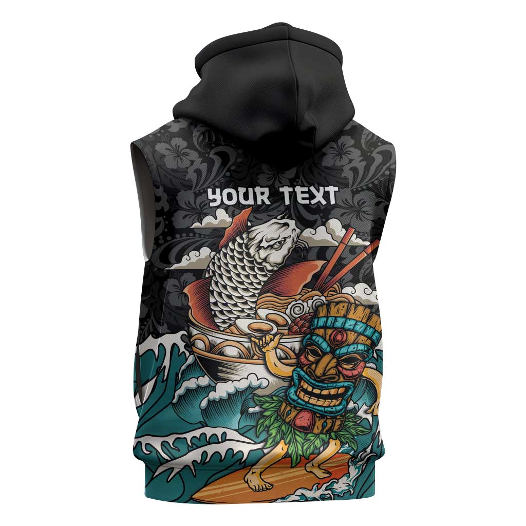 Personalized Japanese Koi Fish Ramen Sleeveless Hoodie Tiki Surfing Wagara Hibiscus Pattern