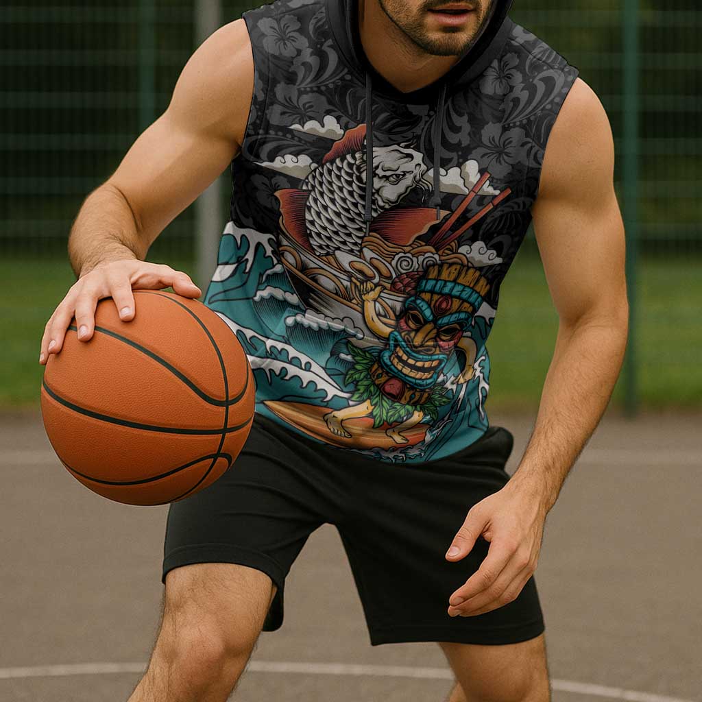 Personalized Japanese Koi Fish Ramen Sleeveless Hoodie Tiki Surfing Wagara Hibiscus Pattern