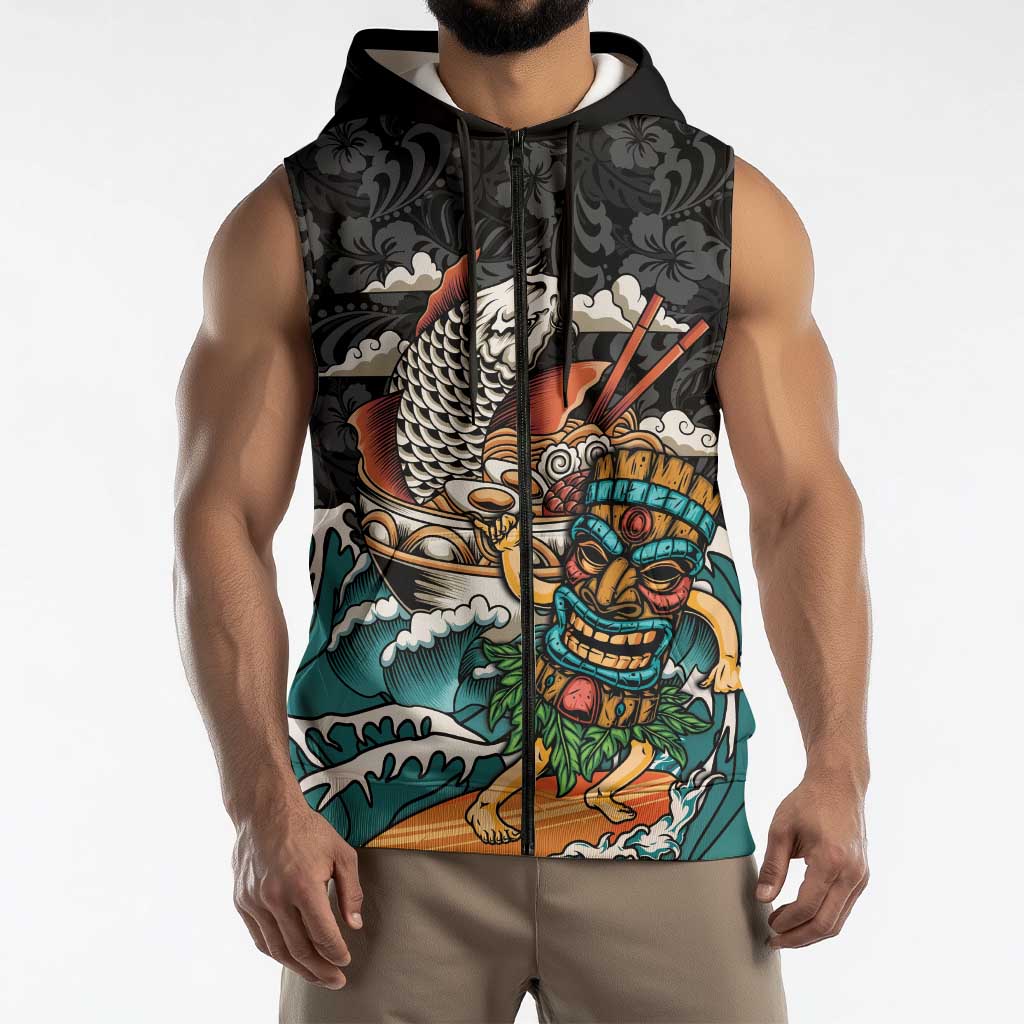 Personalized Japanese Koi Fish Ramen Sleeveless Zip Hoodie Tiki Surfing Wagara Hibiscus Pattern