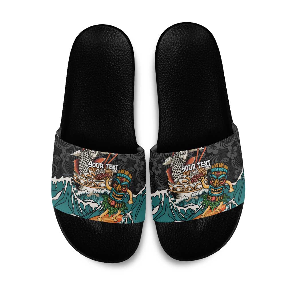 Personalized Japanese Koi Fish Ramen Slide Sandals Tiki Surfing Wagara Hibiscus Pattern