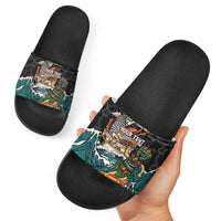 Personalized Japanese Koi Fish Ramen Slide Sandals Tiki Surfing Wagara Hibiscus Pattern