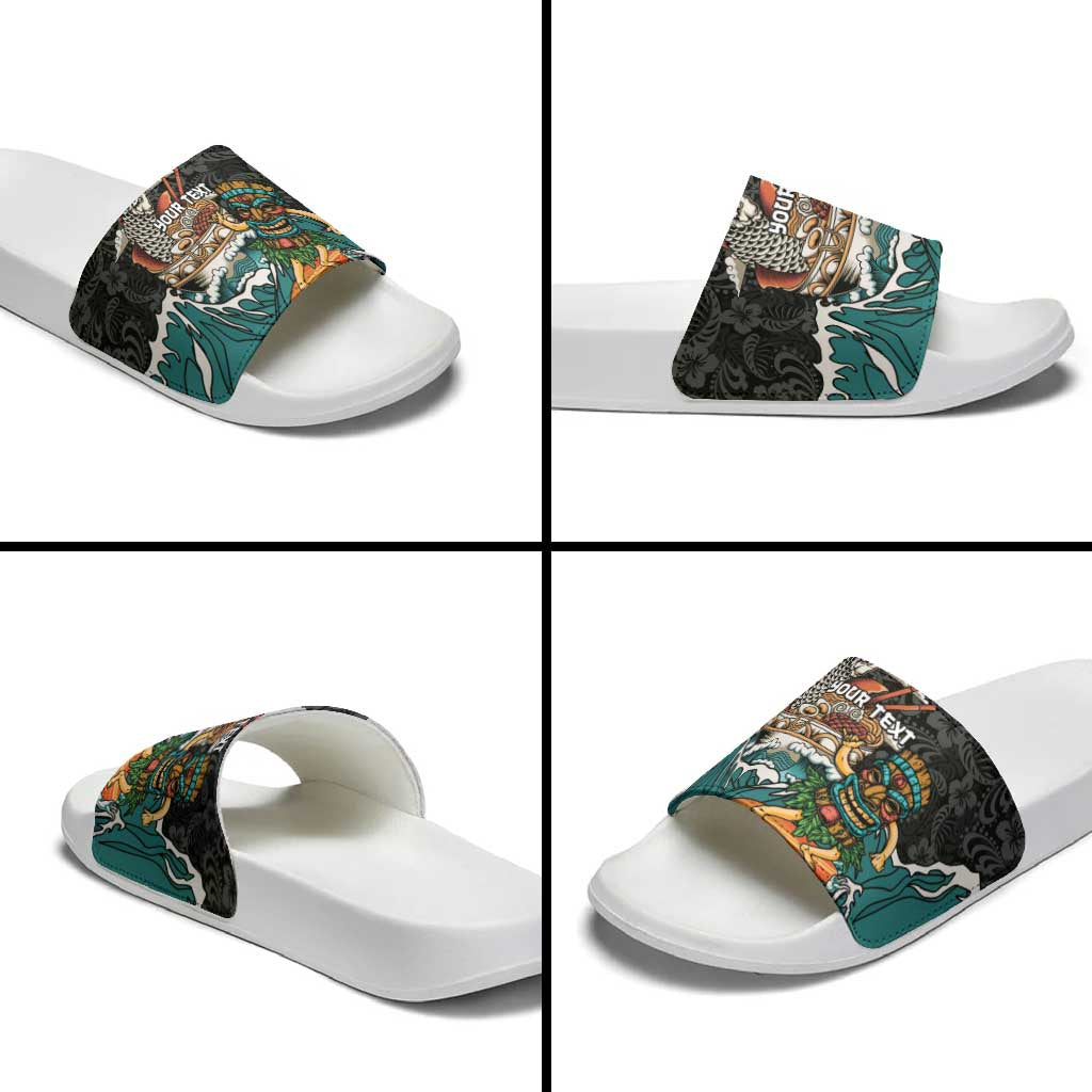 Personalized Japanese Koi Fish Ramen Slide Sandals Tiki Surfing Wagara Hibiscus Pattern