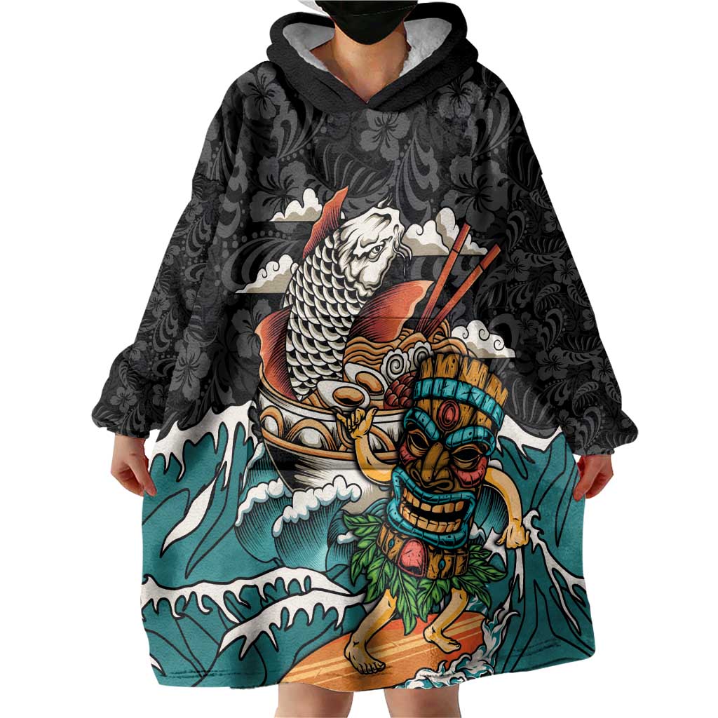 Personalized Japanese Koi Fish Ramen Wearable Blanket Hoodie Tiki Surfing Wagara Hibiscus Pattern
