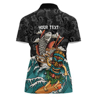 Personalized Japanese Koi Fish Ramen Women Polo Shirt Tiki Surfing Wagara Hibiscus Pattern